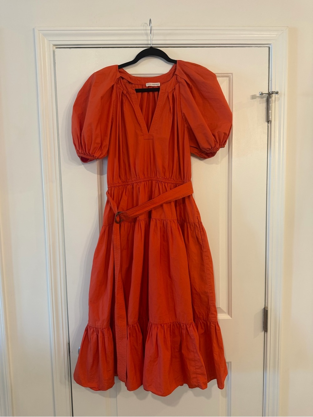 Ulla Johnson Orange Puff-Sleeve Belted Midi Dress